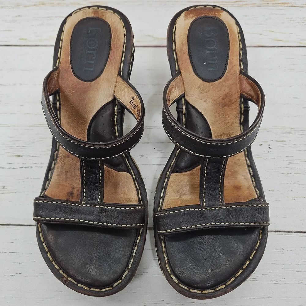 Born Womens 6 36.5 Wedge Heel Sandals Shoes Brown Leather Jute Espadrilles Heels